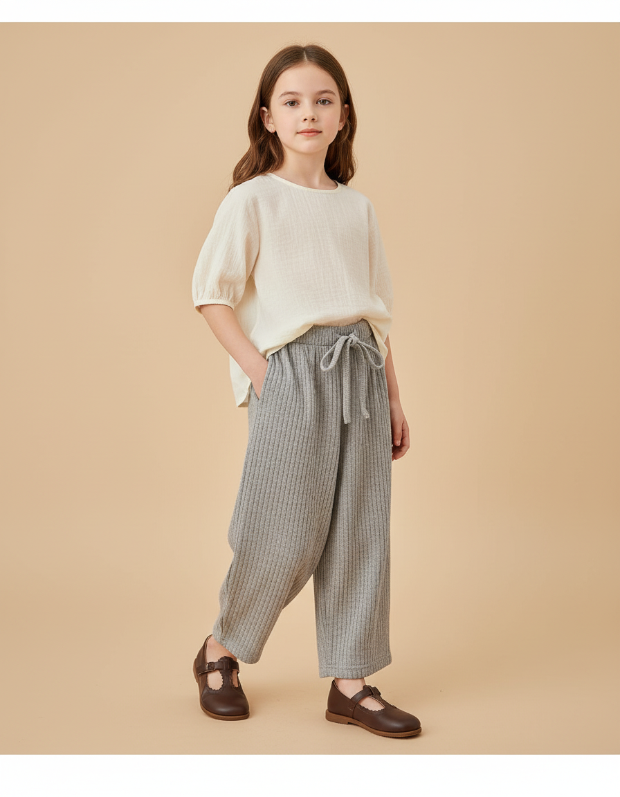 Pantalon Baggy Gris Côtelé Ample Cordon Enfant - Cordé
