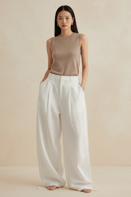 Pantalon Baggy Blanc Ample Fluide Lin