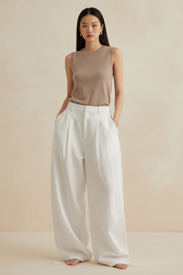 Pantalon Baggy Blanc Ample Fluide Lin