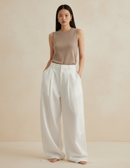 Pantalon Baggy Blanc Ample Fluide Lin