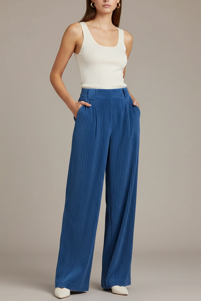Pantalon Baggy Bleu Côtelé Taille Haute Ample - Cordé