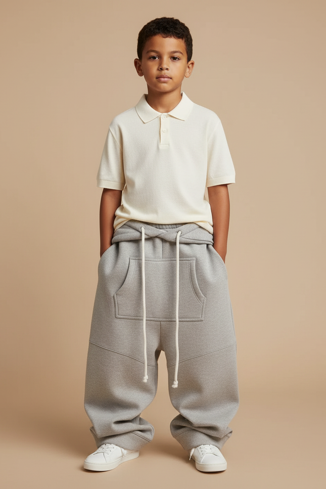 Pantalon Baggy Gris Chiné Ample Molletonné Cordon Enfant