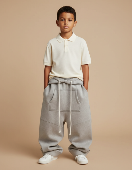 Pantalon Baggy Gris Chiné Ample Molletonné Cordon Enfant