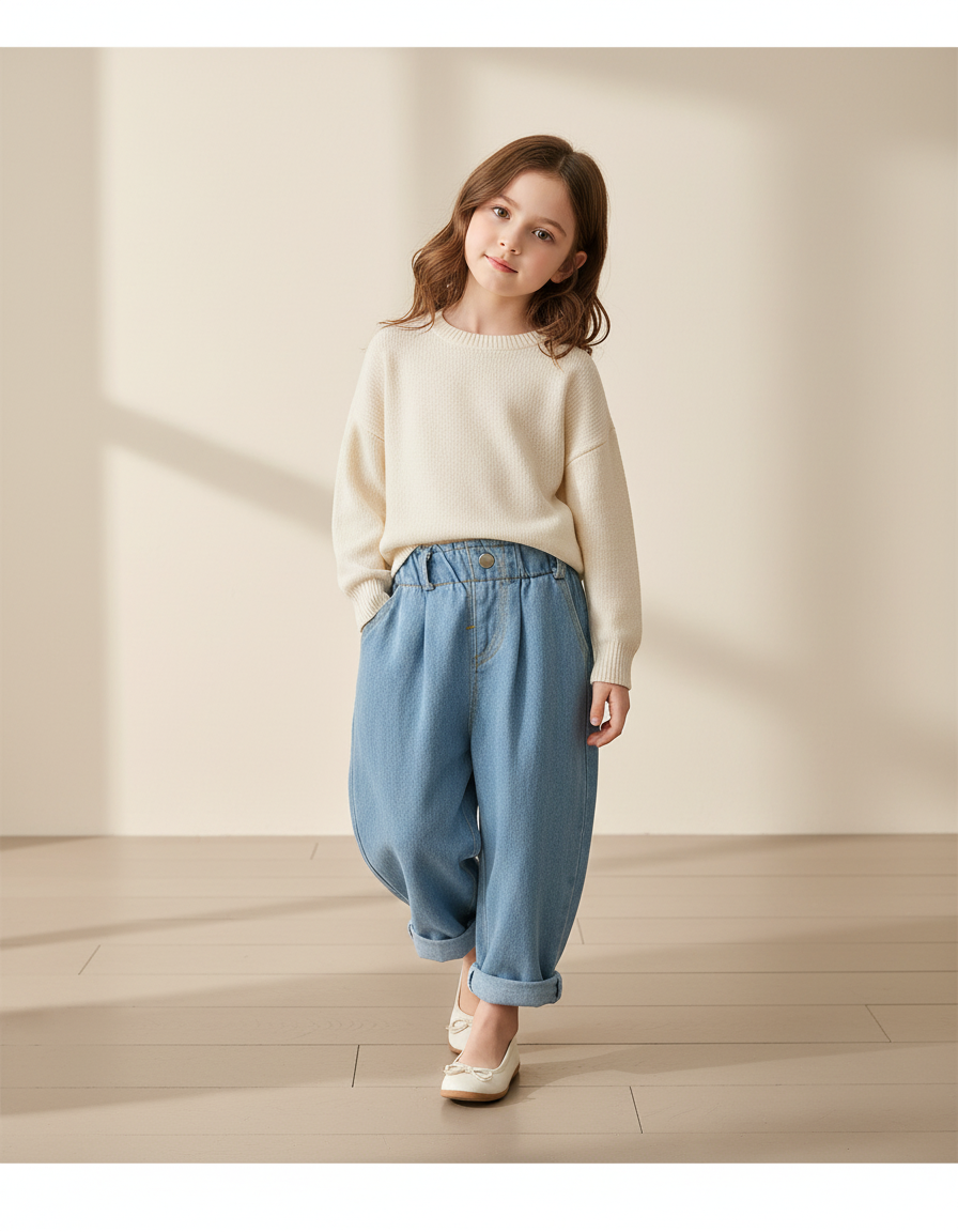 Pantalon Baggy Enfant Denim Ample Décontracté Bleu Clair - Jean