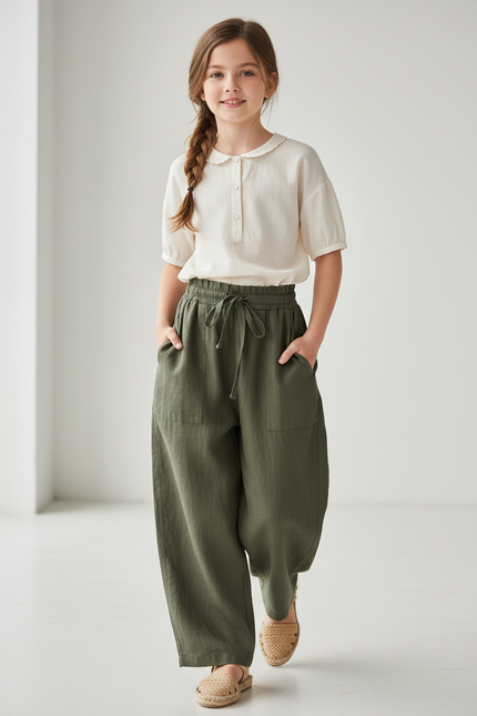 Pantalon Baggy Vert Kaki Lin Ample Décontracté Enfant