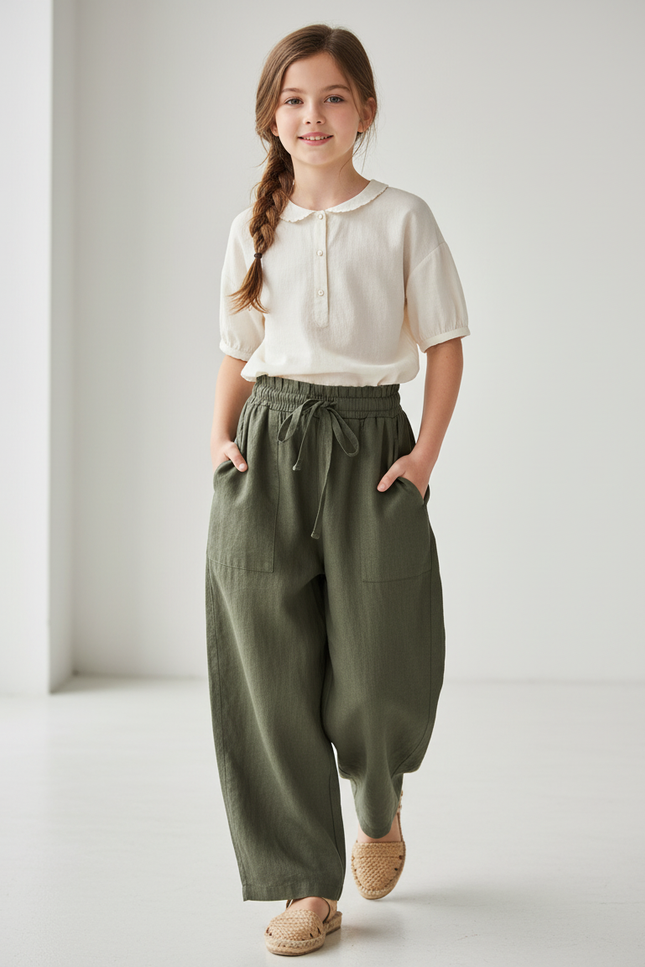 Pantalon Baggy Vert Kaki Lin Ample Décontracté Enfant