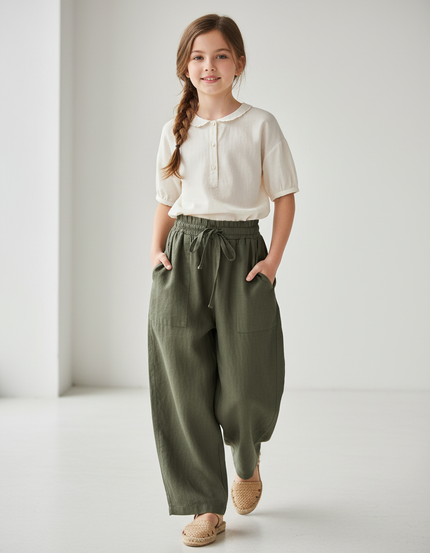Pantalon Baggy Vert Kaki Lin Ample Décontracté Enfant