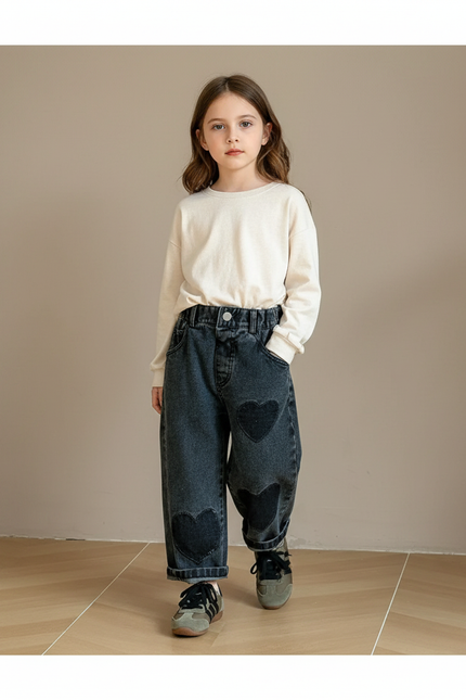 Pantalon Baggy Jean Cœurs Ample Noir Enfant