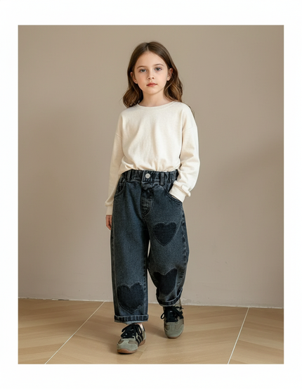 Pantalon Baggy Jean Cœurs Ample Noir Enfant