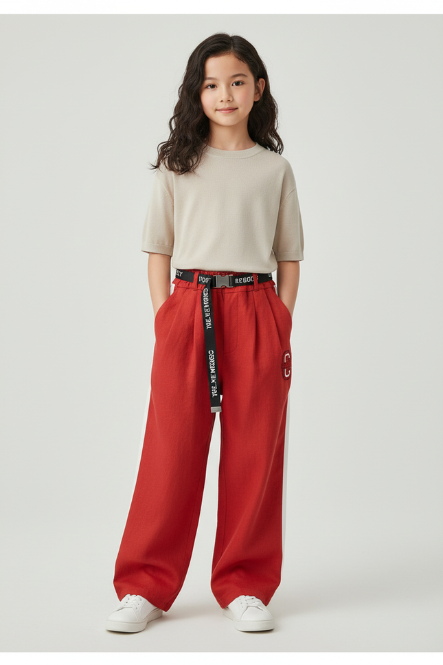 Pantalon Baggy Rouge Ample Rayures Blanches Ceinture - Lin