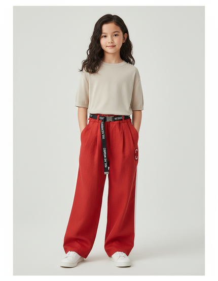 Pantalon Baggy Rouge Ample Rayures Blanches Ceinture - Lin