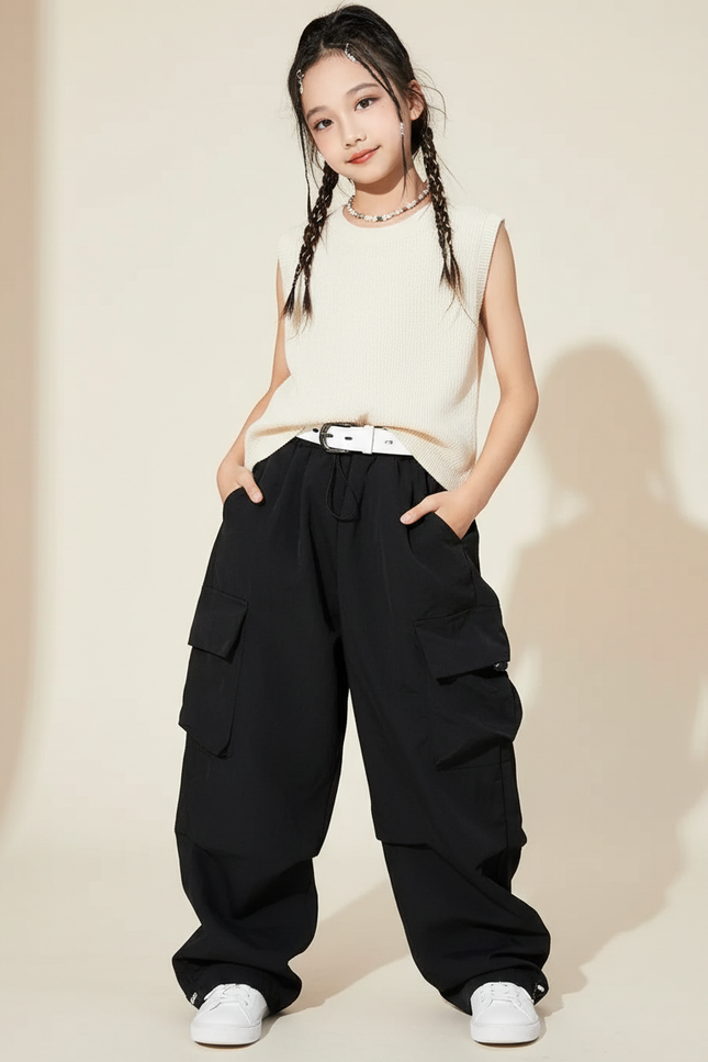 Pantalon Baggy Noir Cargo Ample Décontracté Streetwear - Polyester