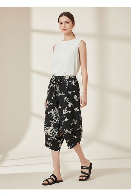 Pantalon Baggy Noir Imprimé Fluide Harem Femme - Lin