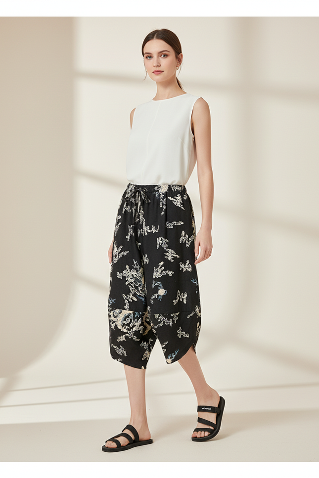 Pantalon Baggy Noir Imprimé Fluide Harem Femme - Lin