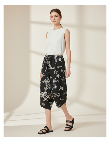 Pantalon Baggy Noir Imprimé Fluide Harem Femme - Lin