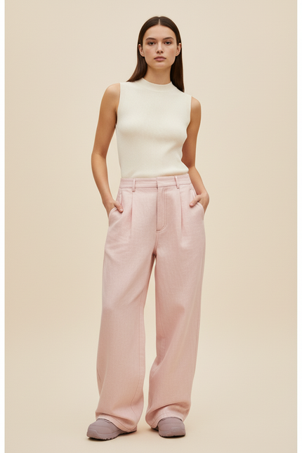 Pantalon Baggy Rose Poudré Ample Plissé Fluide - Laine
