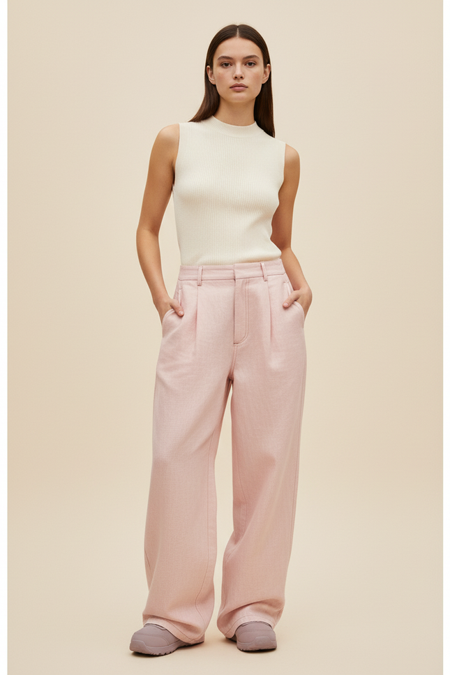 Pantalon Baggy Rose Poudré Ample Plissé Fluide - Laine