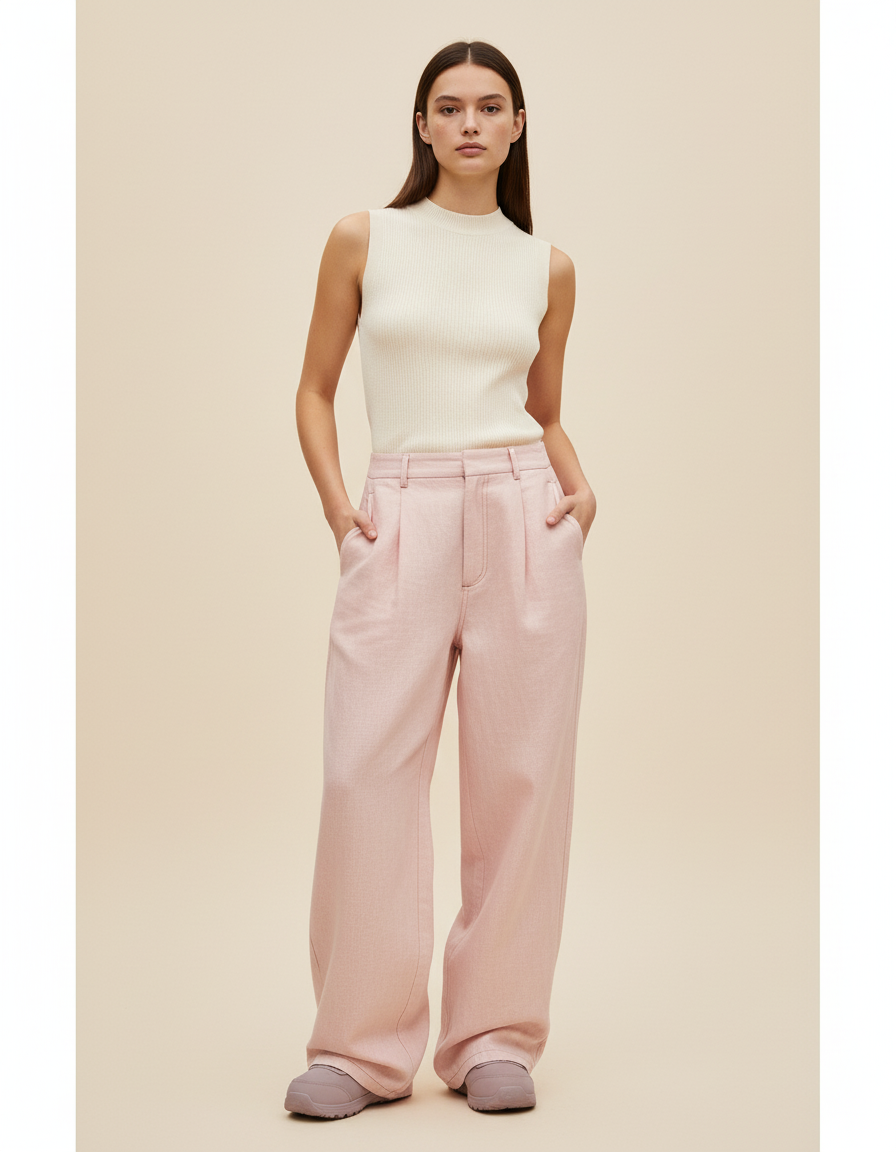 Pantalon Baggy Rose Poudré Ample Plissé Fluide - Laine