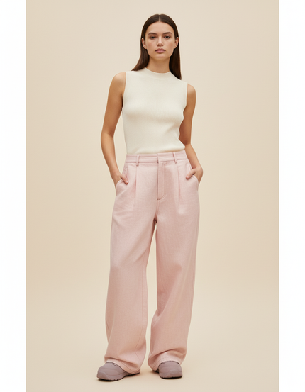 Pantalon Baggy Rose Poudré Ample Plissé Fluide - Laine