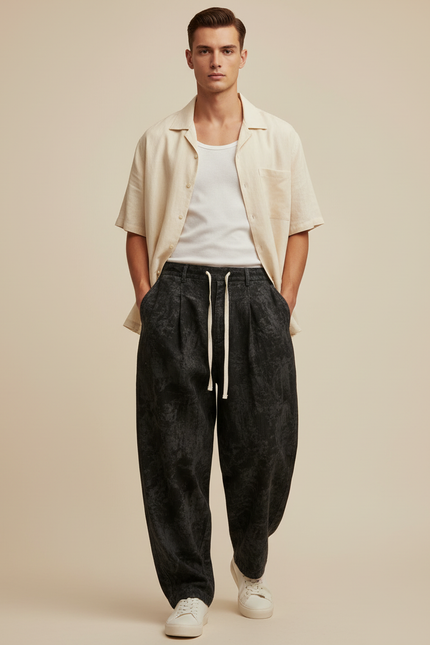 Pantalon Baggy Noir Ample Texturé Cordon Décontracté - Molleton
