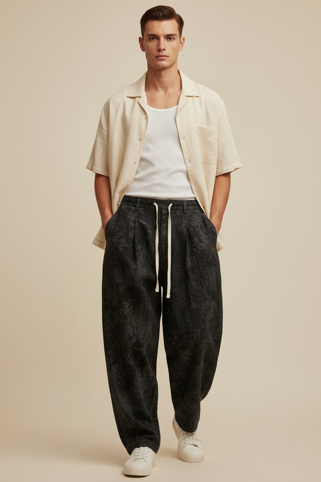 Pantalon Baggy Noir Ample Texturé Cordon Décontracté - Molleton