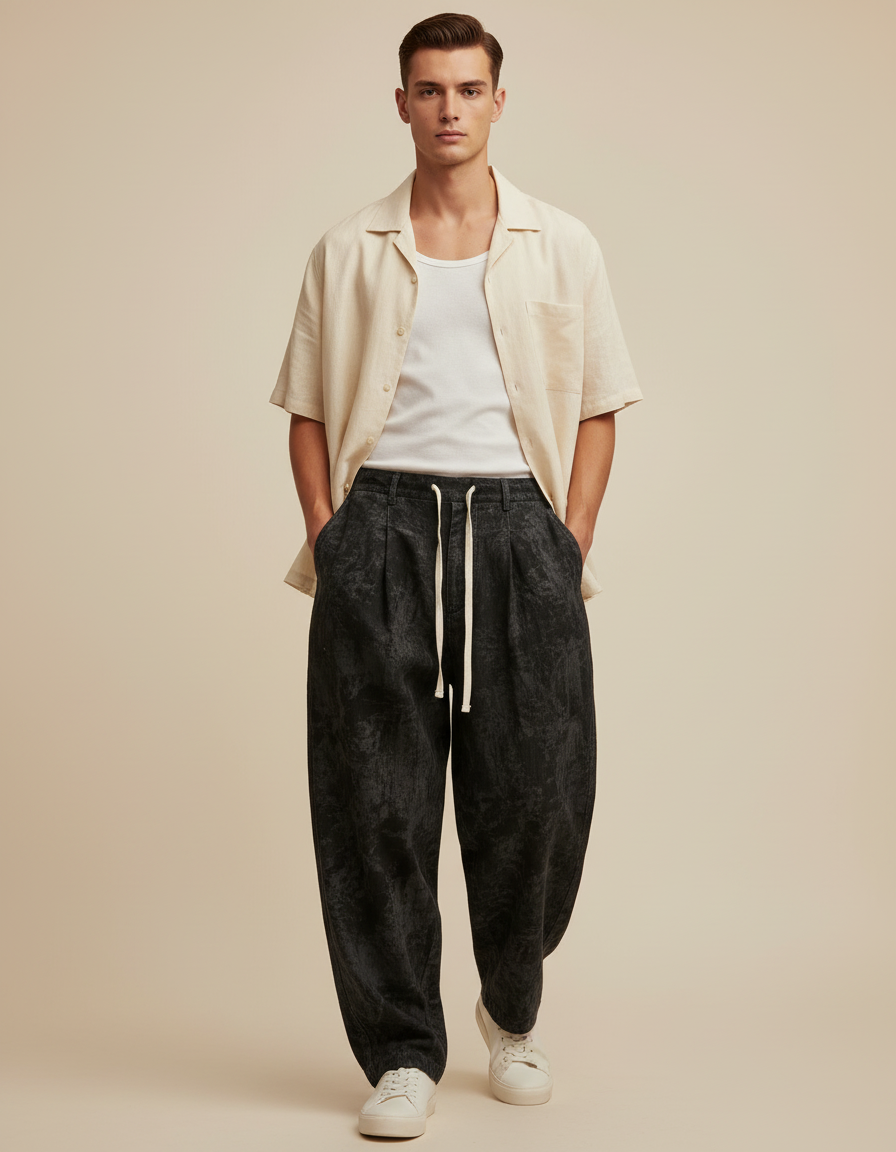 Pantalon Baggy Noir Ample Texturé Cordon Décontracté - Molleton