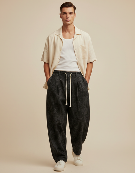 Pantalon Baggy Noir Ample Texturé Cordon Décontracté - Molleton