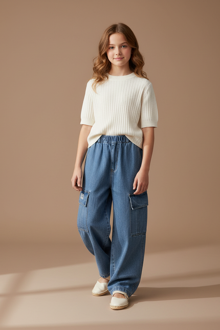 Pantalon Baggy Jean Bleu Ample Cargo Fille