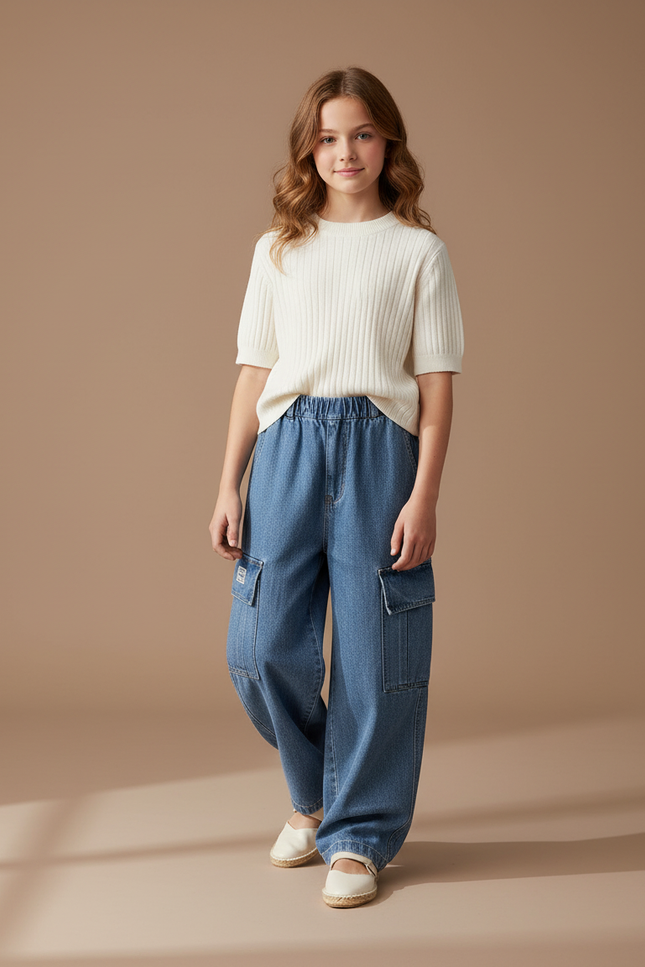 Pantalon Baggy Jean Bleu Ample Cargo Fille