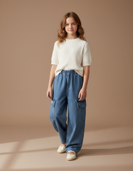 Pantalon Baggy Jean Bleu Ample Cargo Fille