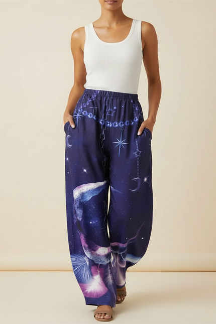 Pantalon Baggy Bleu Nuit Imprimé Galaxie Ample Fluide - Marine Viscose