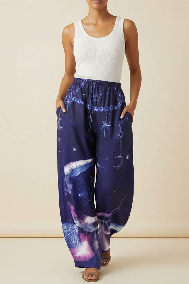 Pantalon Baggy Bleu Nuit Imprimé Galaxie Ample Fluide - Marine Viscose