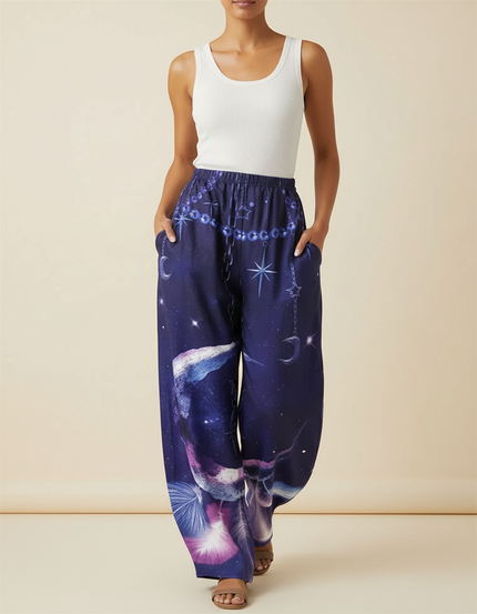 Pantalon Baggy Bleu Nuit Imprimé Galaxie Ample Fluide - Marine Viscose