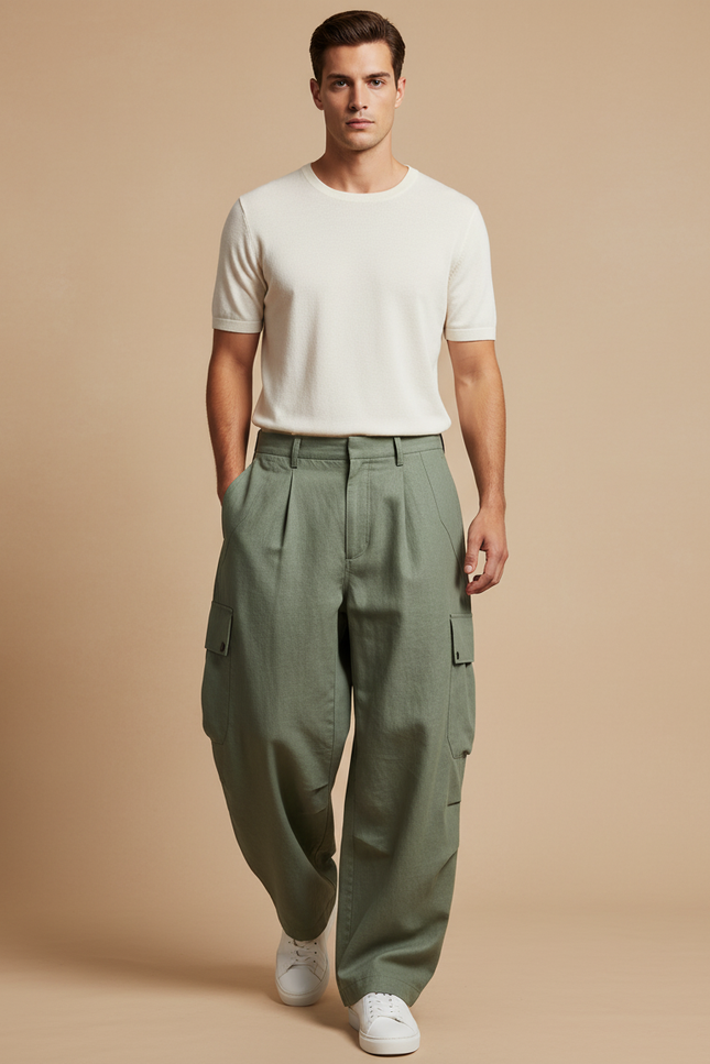 Pantalon Baggy Vert Kaki Cargo Plissé Homme - Toile