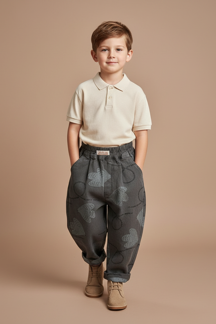 Pantalon Baggy Gris Coton Ample Motifs Cœurs Enfant - Molleton
