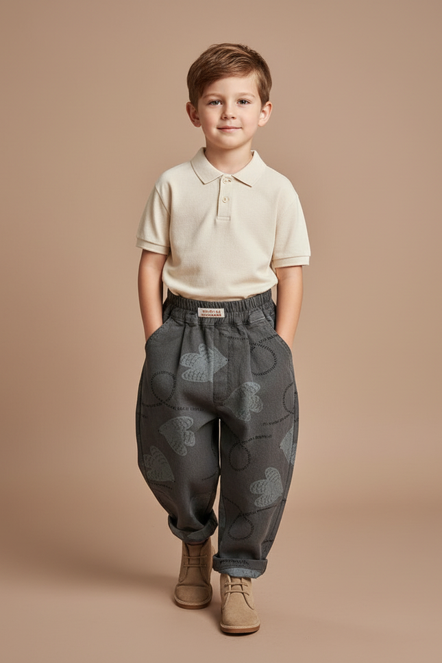 Pantalon Baggy Gris Coton Ample Motifs Cœurs Enfant - Molleton