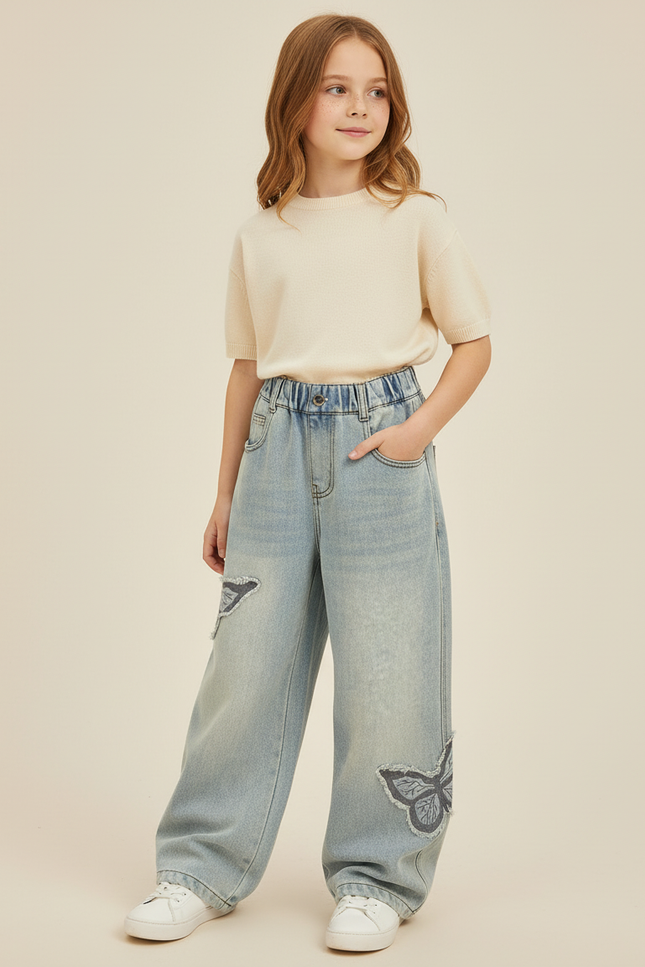 Pantalon Baggy Jean Bleu Papillon Ample Taille Élastique
