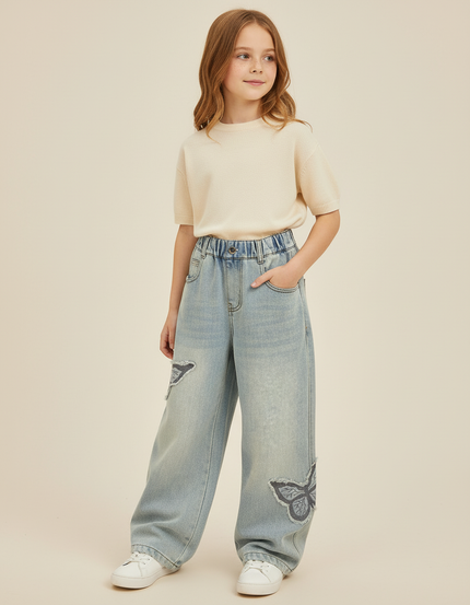 Pantalon Baggy Jean Bleu Papillon Ample Taille Élastique