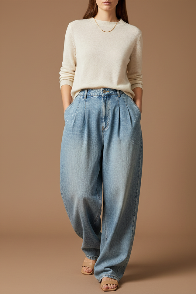 Pantalon Baggy Denim Bleu Ample Plissé Taille Haute - Jean