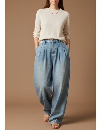 Pantalon Baggy Denim Bleu Ample Plissé Taille Haute - Jean
