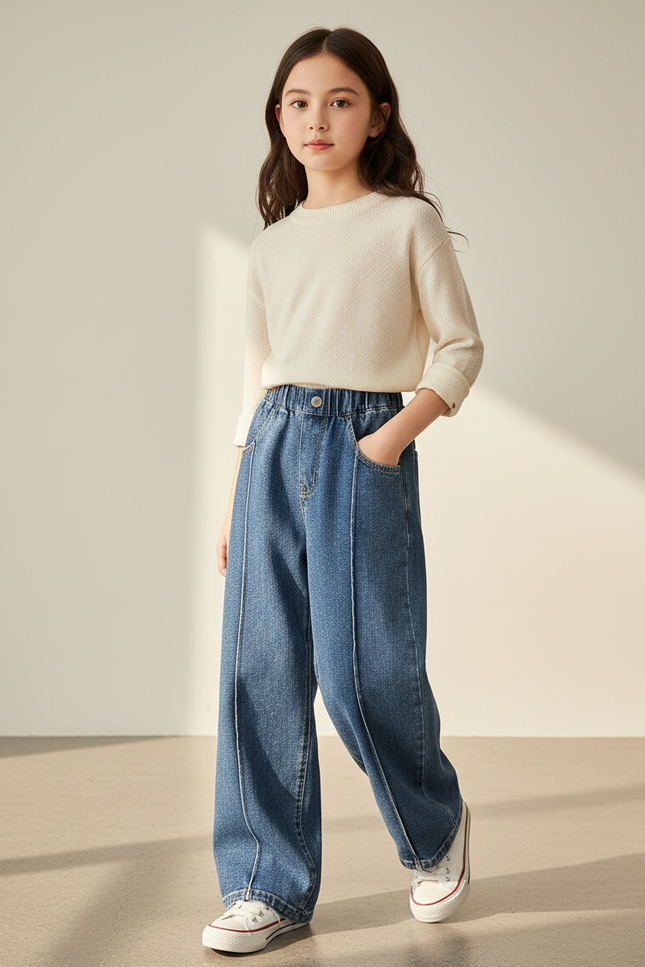Pantalon Baggy Denim Bleu Ample Fille Décontracté - Jean