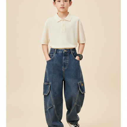 Pantalon Baggy Garçon Bleu Cargo Denim Hip Hop - Jean