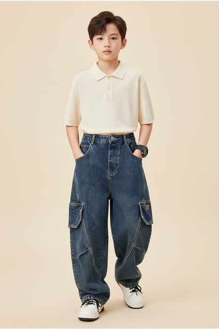 Pantalon Baggy Garçon Bleu Cargo Denim Hip Hop - Jean