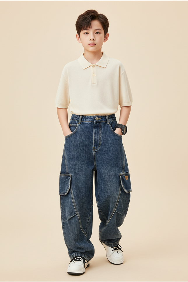 Pantalon Baggy Garçon Bleu Cargo Denim Hip Hop - Jean