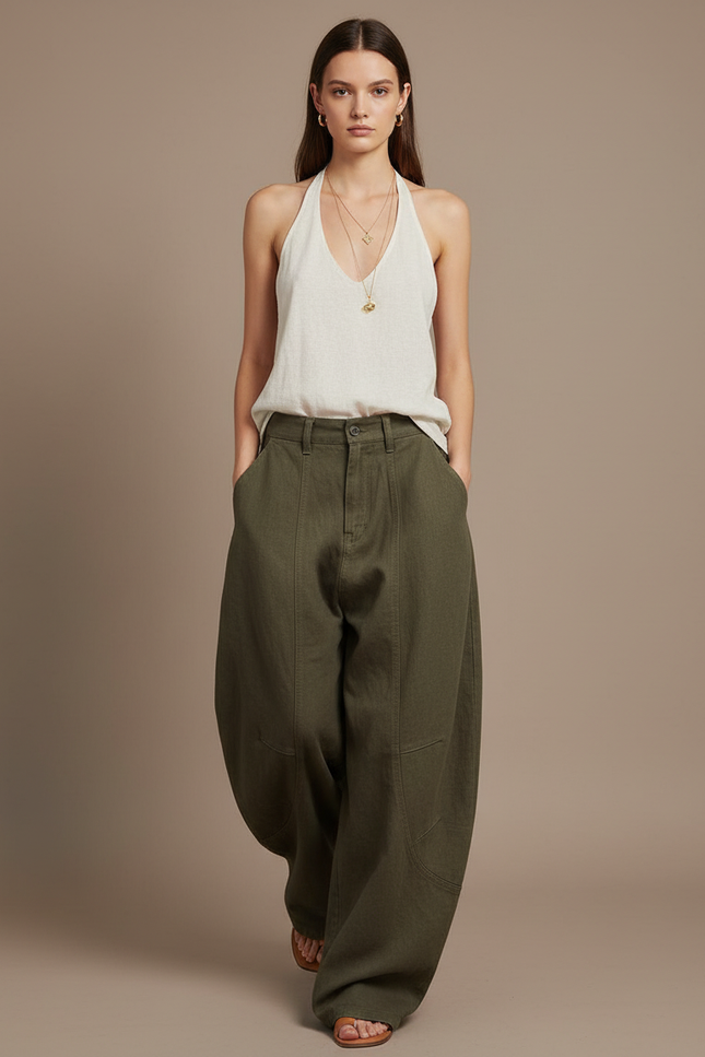 Pantalon Baggy Vert Kaki Ample Décontracté Coton
