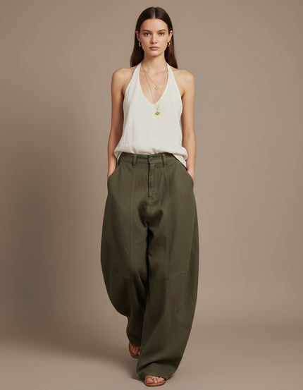 Pantalon Baggy Vert Kaki Ample Décontracté Coton