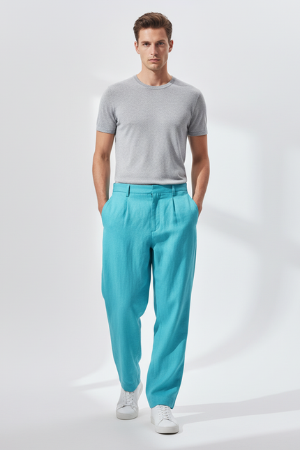 Pantalon Baggy Bleu Turquoise Lin Plissé Ample Homme