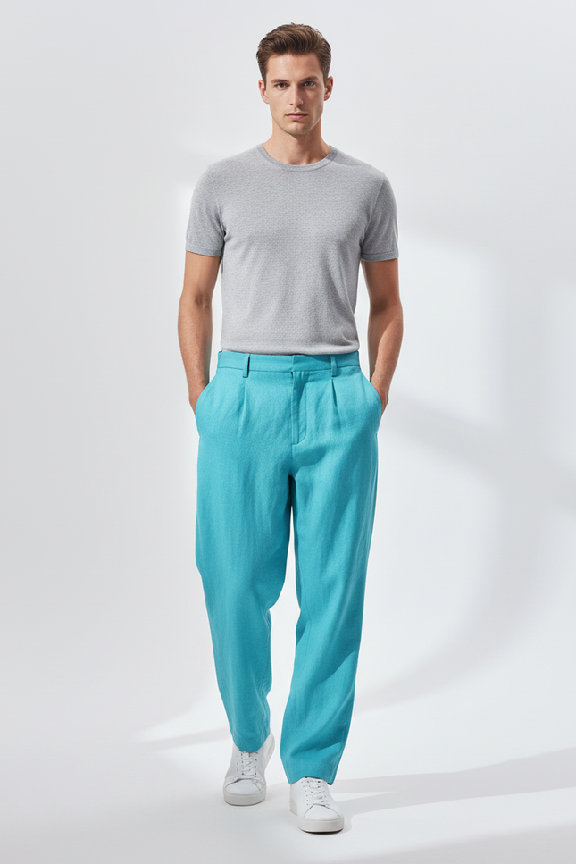Pantalon Baggy Bleu Turquoise Lin Plissé Ample Homme