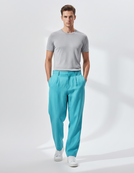 Pantalon Baggy Bleu Turquoise Lin Plissé Ample Homme