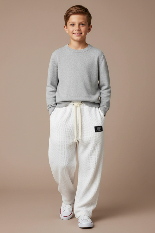 Pantalon Baggy Blanc Waffle Cordon Confort Garçon - Maille